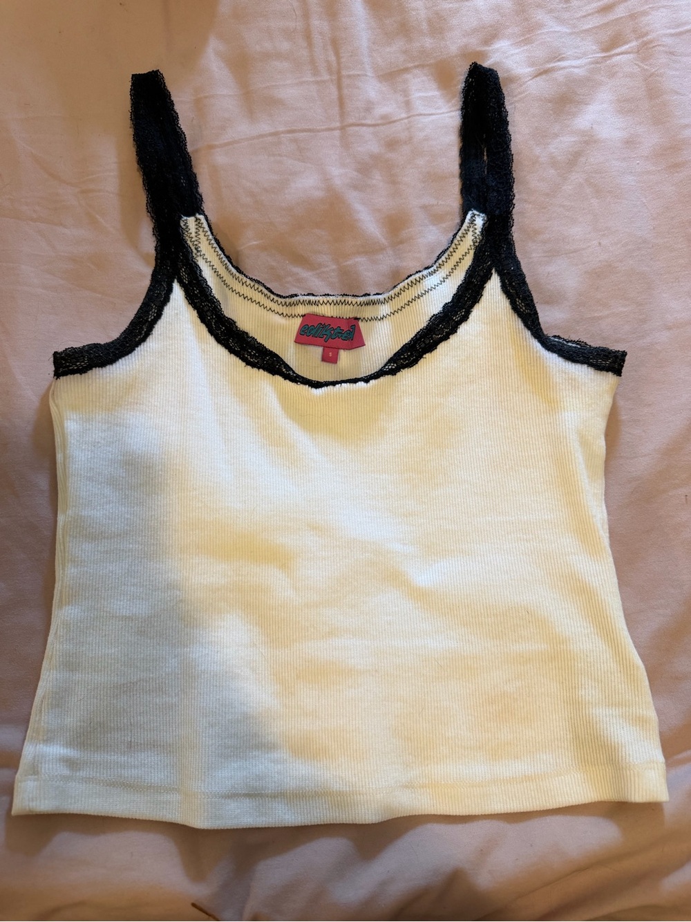 Edikted Cream Ribbed Tank with Black Lace Trim